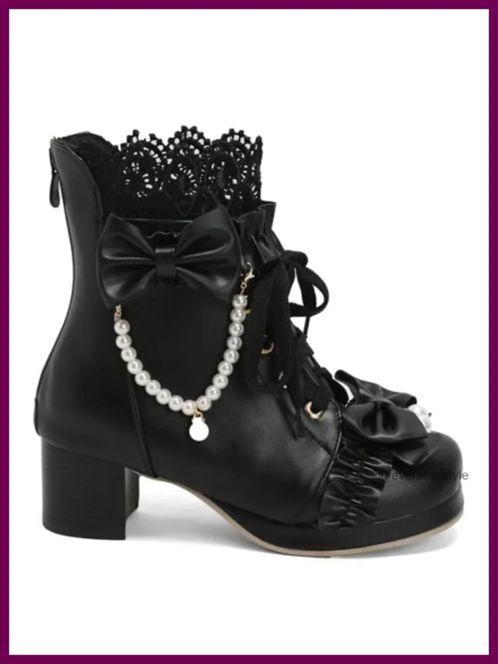 LUXMAX Lolita Ankle Boots Chunky Mid Heel Lace Up Bow